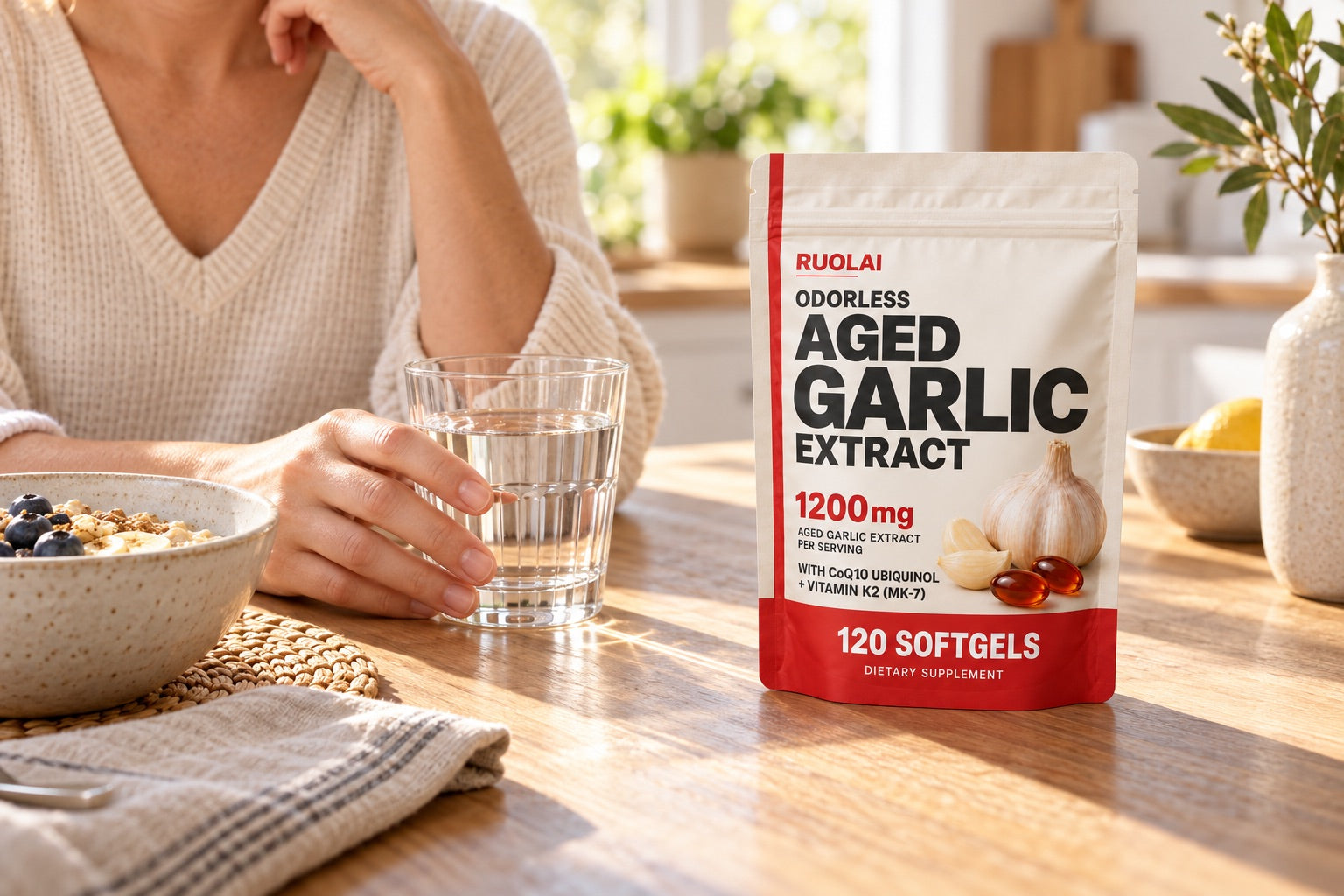 Demo image — RUOLAI aged garlic pouch beside breakfast and a glass of water