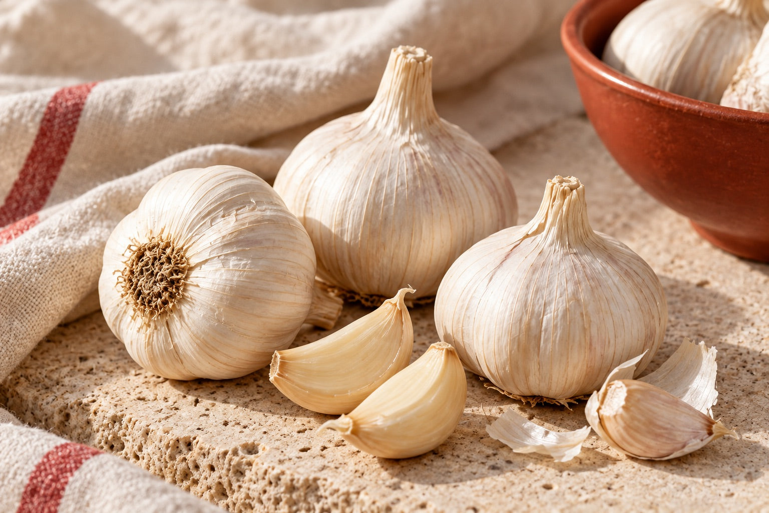Demo image — Whole garlic bulbs and cloves on natural linen