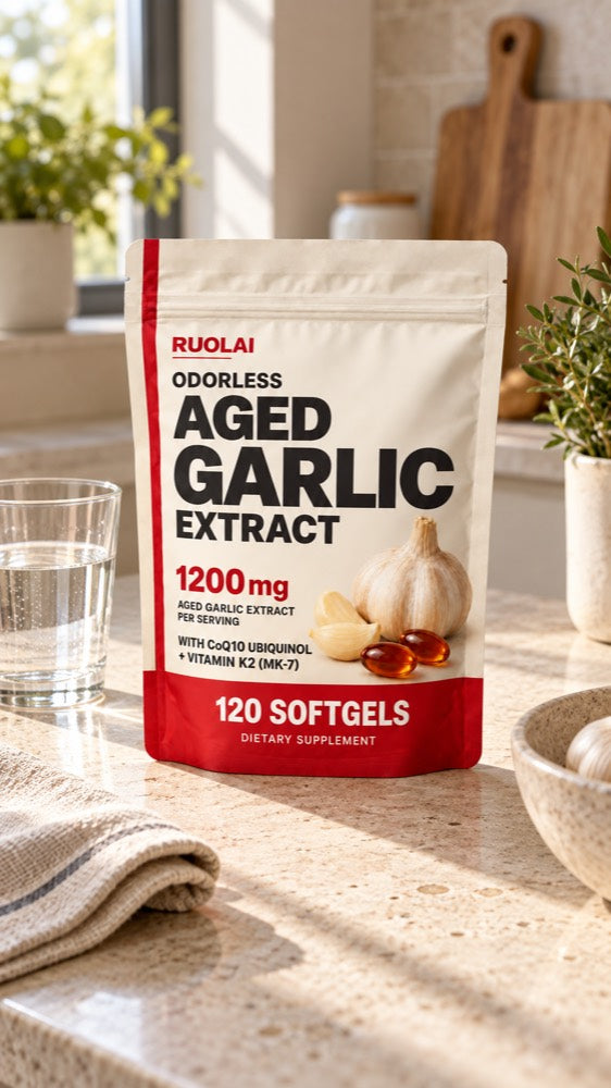Demo image — On the counter, RUOLAI aged garlic lifestyle illustration