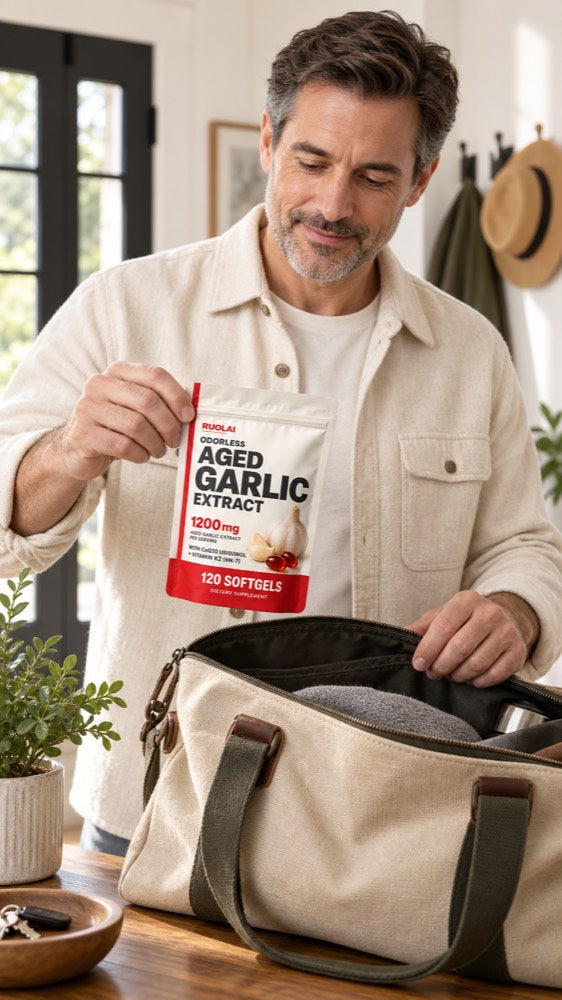 Video placeholder — Heading out, RUOLAI aged garlic lifestyle illustration