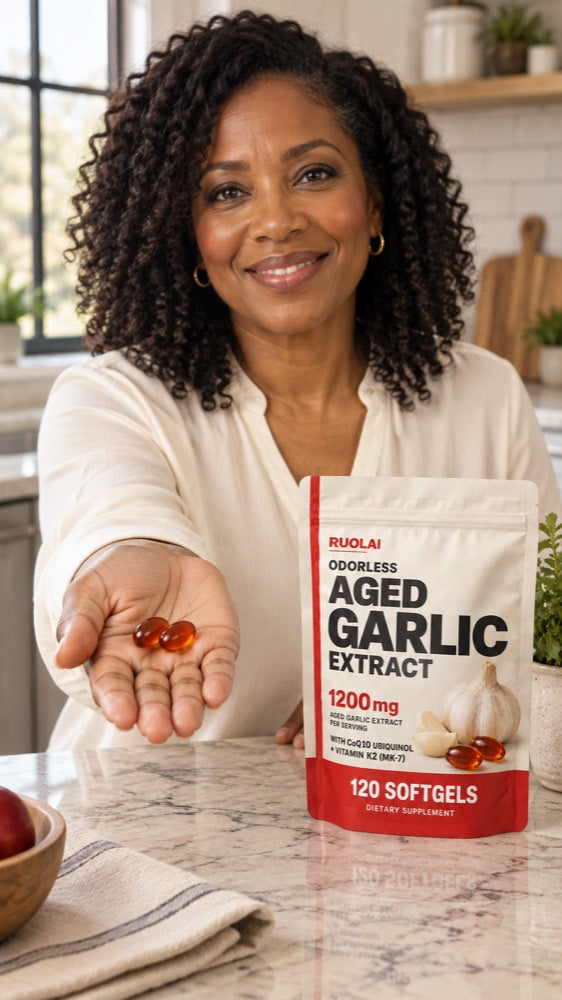 Video placeholder — Softgels, up close, RUOLAI aged garlic lifestyle illustration
