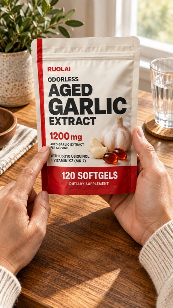 Video placeholder — Reading the label, RUOLAI aged garlic lifestyle illustration