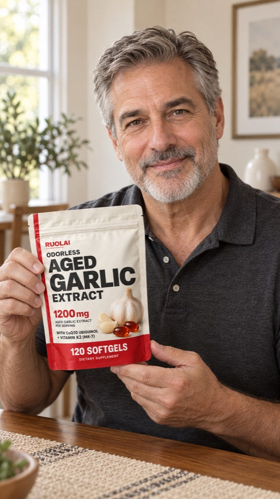 Video placeholder — Meet the pouch, RUOLAI aged garlic lifestyle illustration