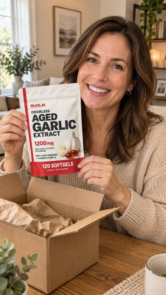 Video placeholder — The unboxing, RUOLAI aged garlic lifestyle illustration